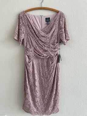 NWT Adrianna Pappel Lace Cocktail Dress Shirred Sequined Beaded Bodice 12